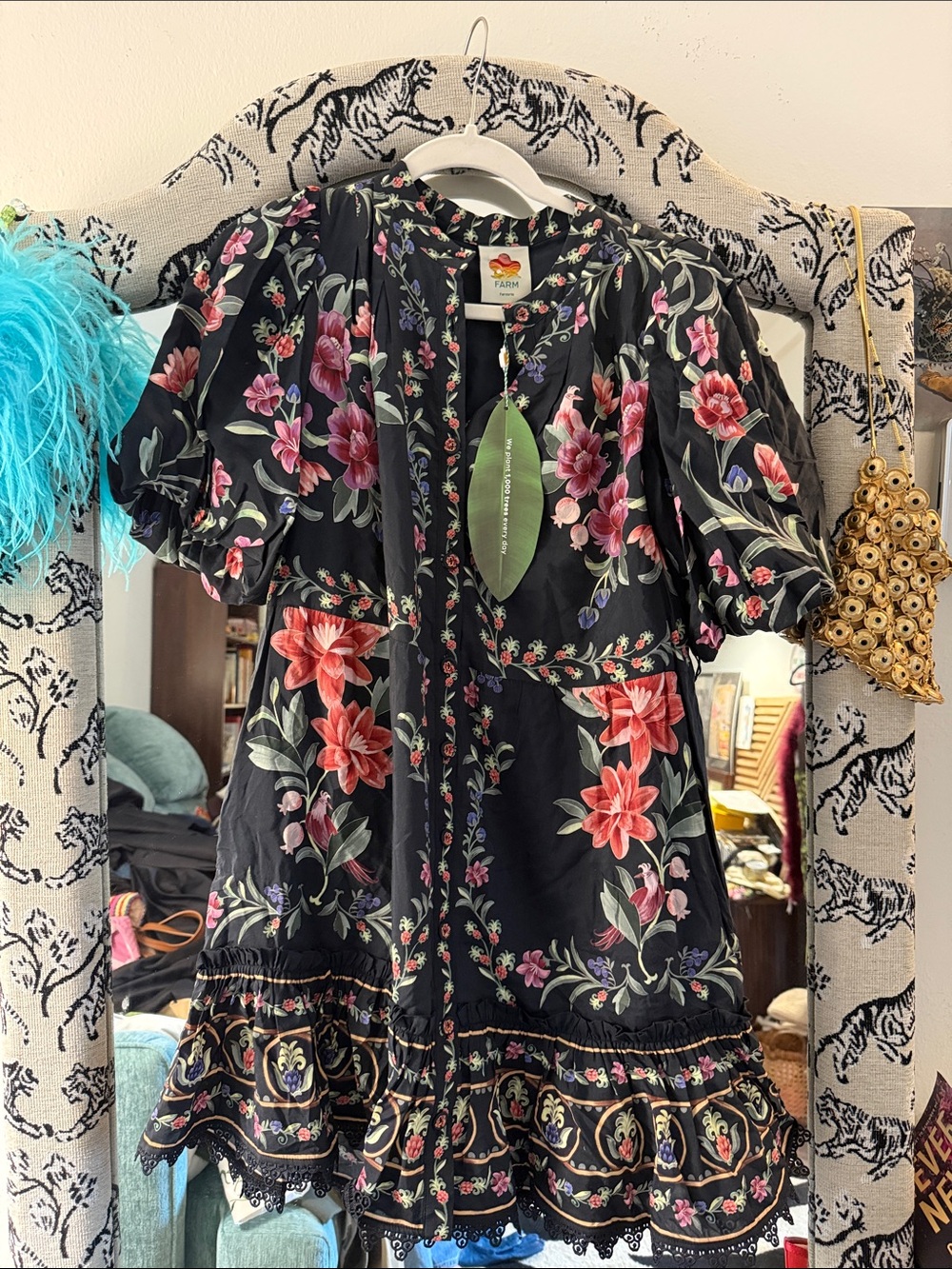 FARM Rio Black Floral Button-Front Mini Dress with Puff Sleeves